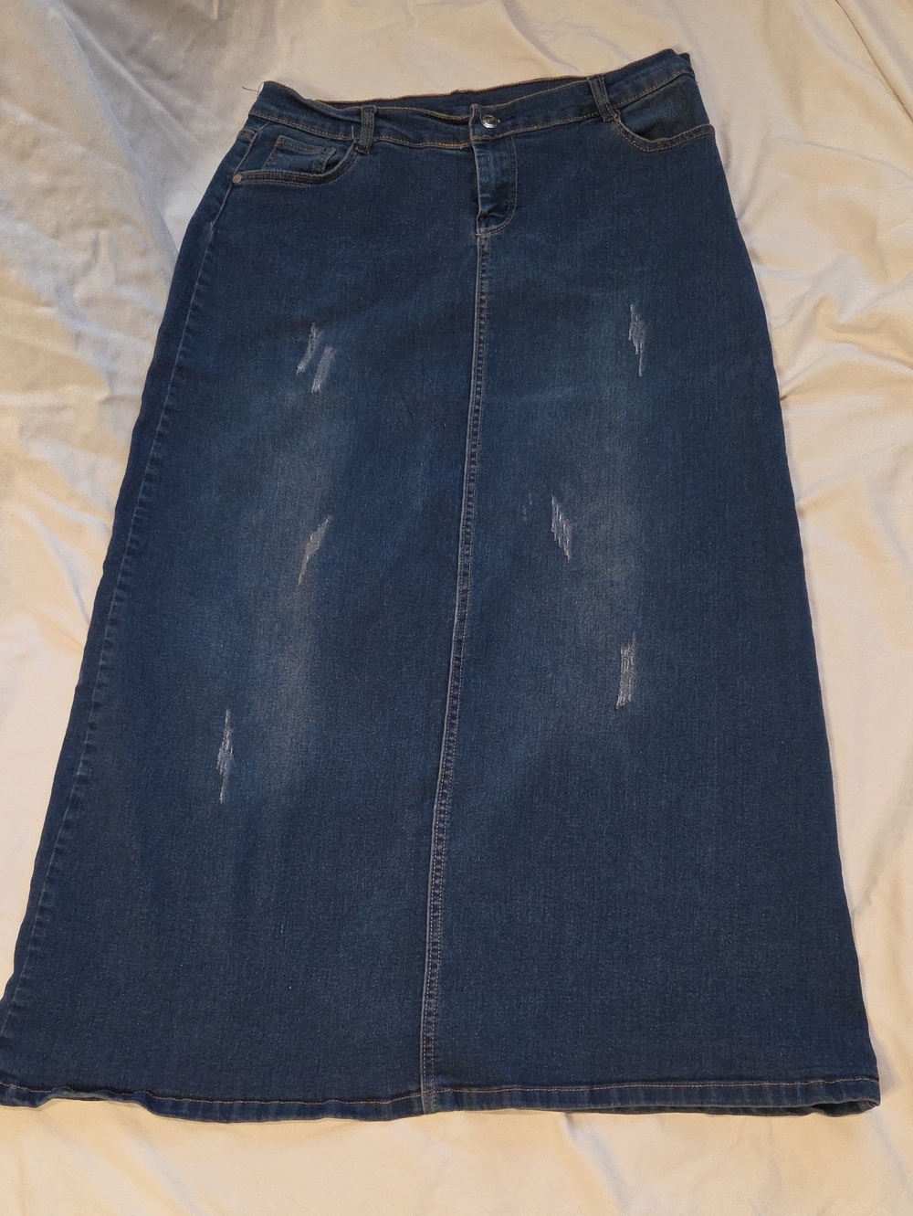 Dark Blue Distressed Maxi Women's Denim Skirt - Classic A-Line Style Sz 12 (42)